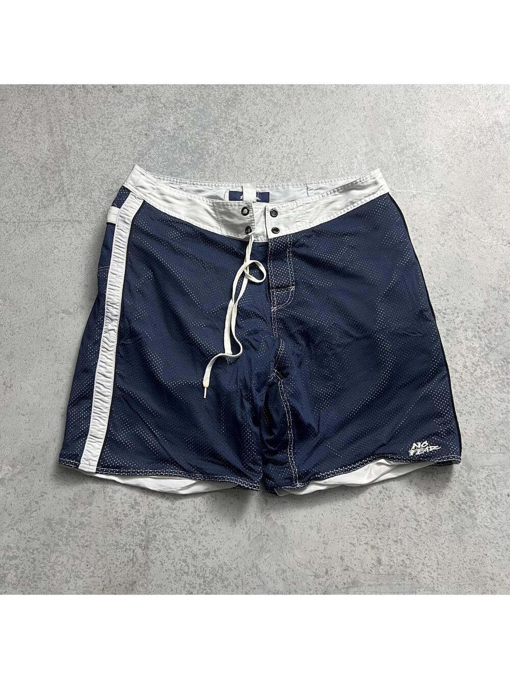 Vintage 90s No Fear Striped Board Shorts Mens Sz. 38 Navy White Made in USA Swim